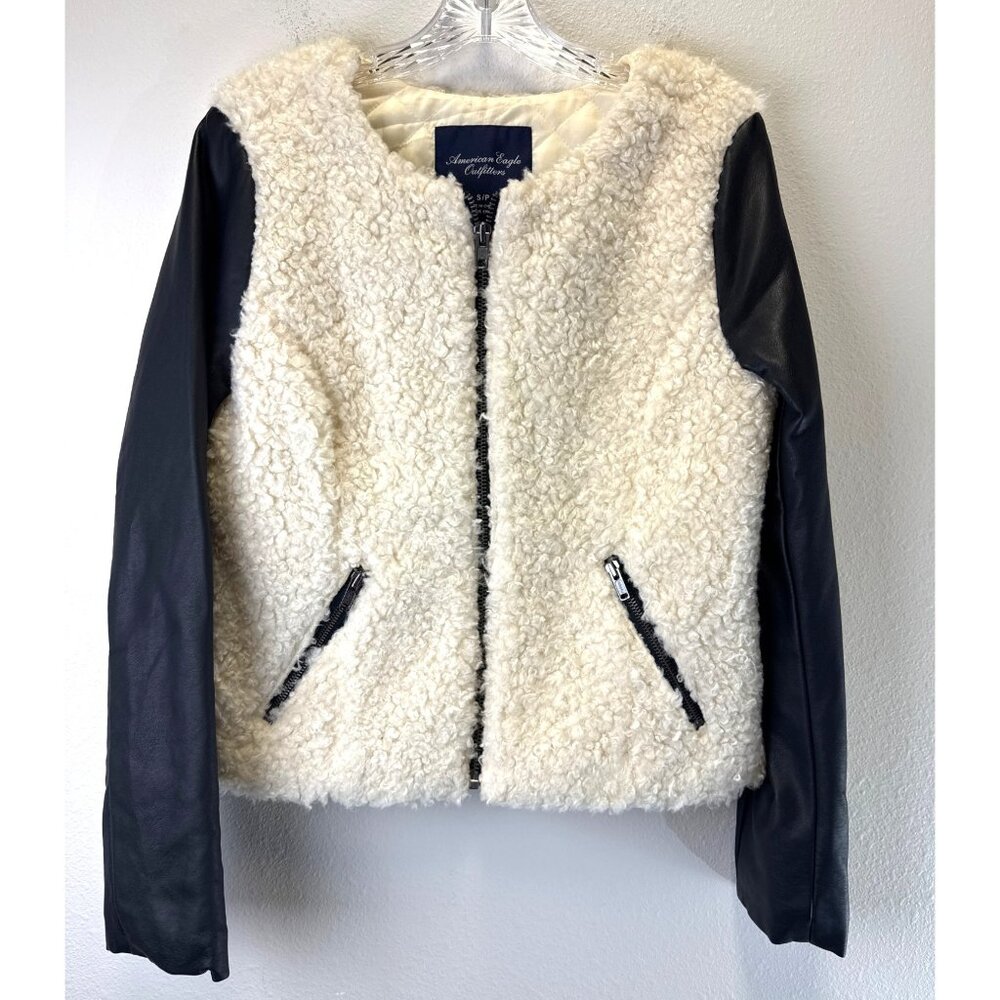 American Eagle Faux Leather Sherpa Fur Zip Front Bomber Jacket, Women's Size S